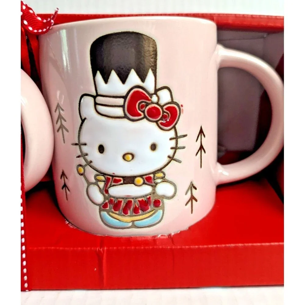 Hello Kitty Pink Coffee Mugs Nutcracker and Drummer Boy 2-Pc Christmas Gift NEW